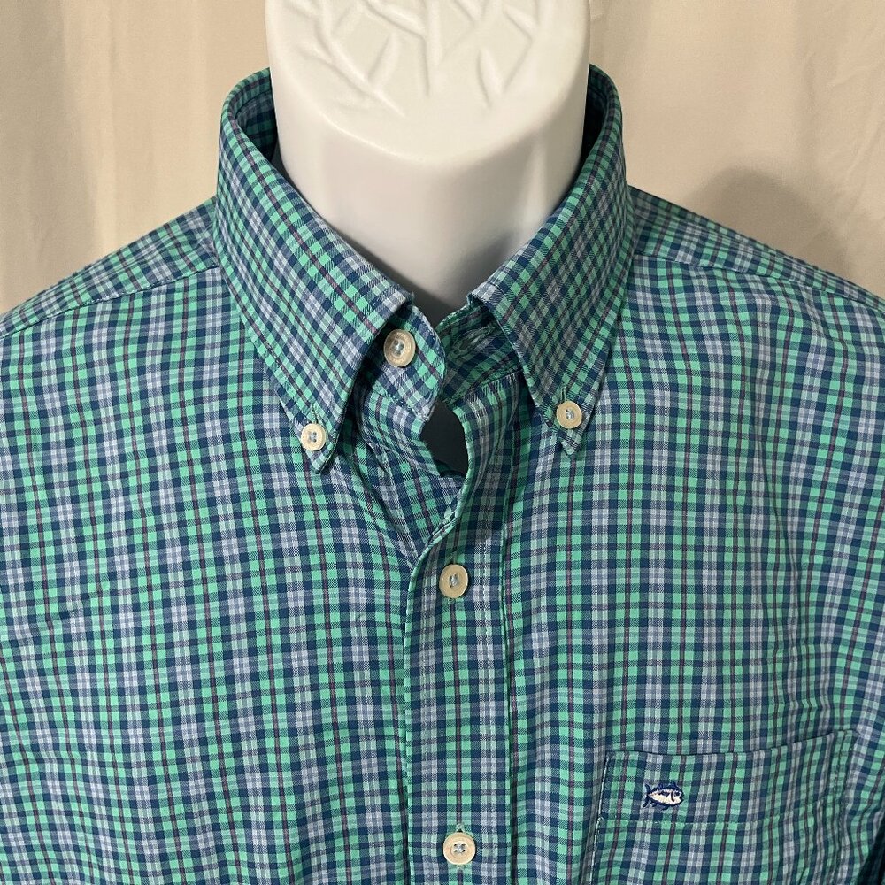 Southern Tide Men’s Plaid Performance Shirt Green Blue Purple M ⛳🌊